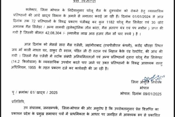 खाद्य विभाग की गैस एजेंसी और खाद्य प्रतिष्ठानों के विरुद्ध कार्यवाई